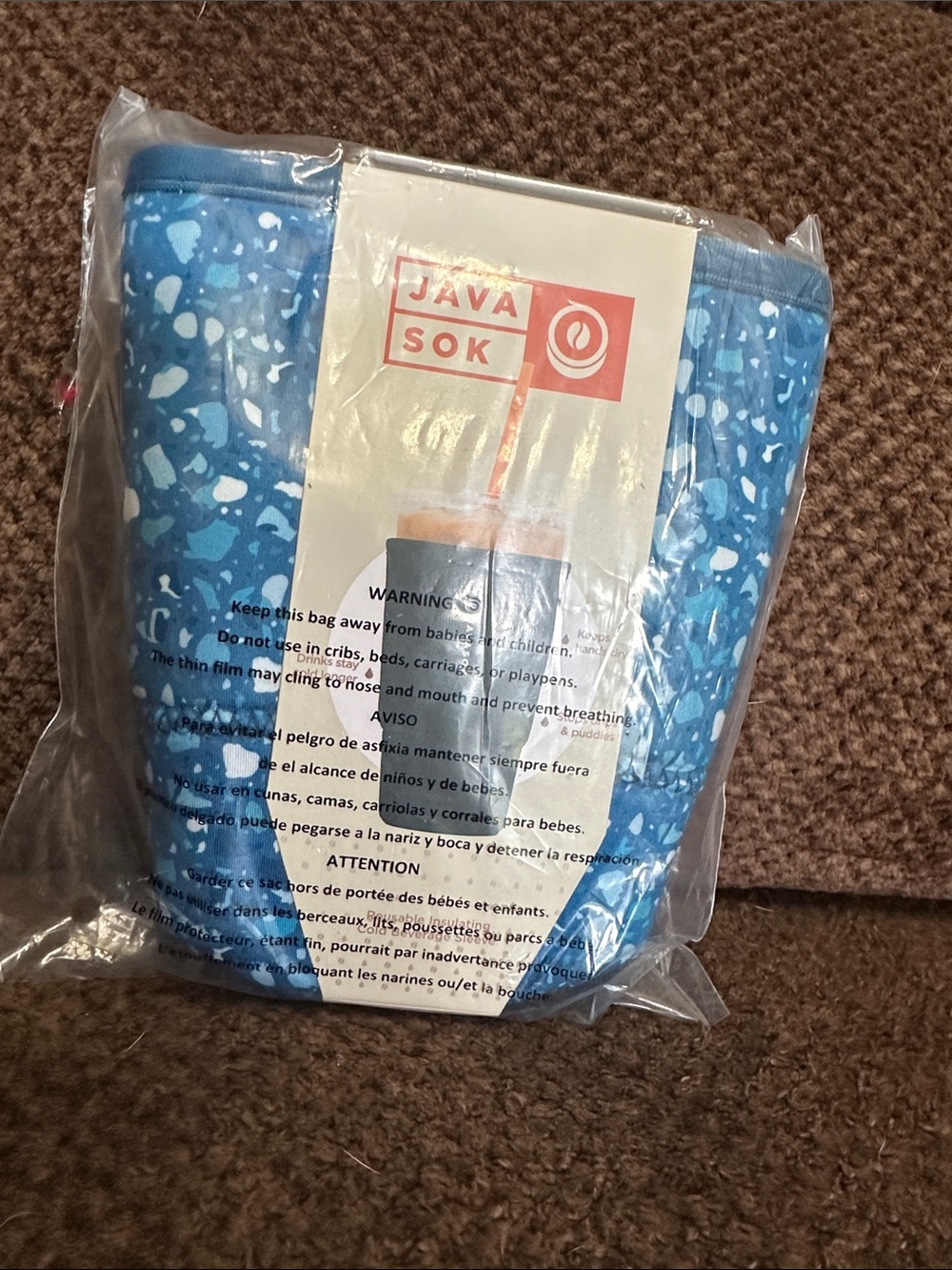 Java Sok Blue Party Insulated Beverage Sleeve size Large. Print is Sky Terrazzo